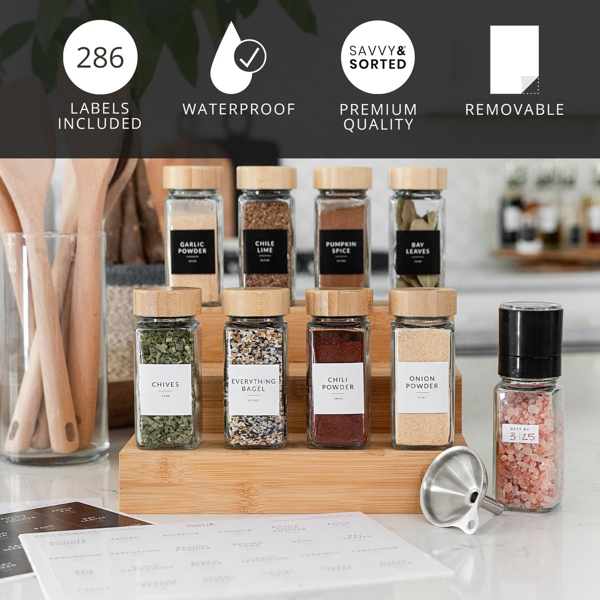 24 Glass Spice Jars with Bamboo Lids and Labels J2181