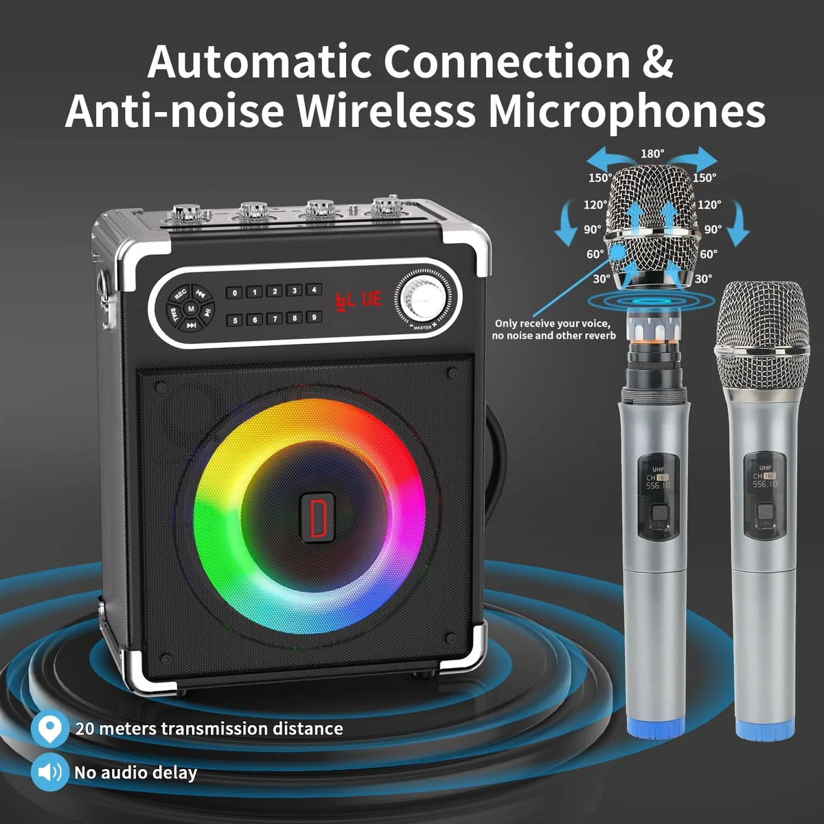 Karaoke Machine with 2 Wireless Microphones, Bluetooth Speaker C1616
