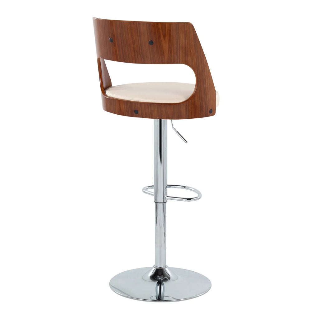 Set of 2 Adjustable Height Barstool with Swivel in Chrome Metal, Walnut Wood, and Cream Faux Leather A693322