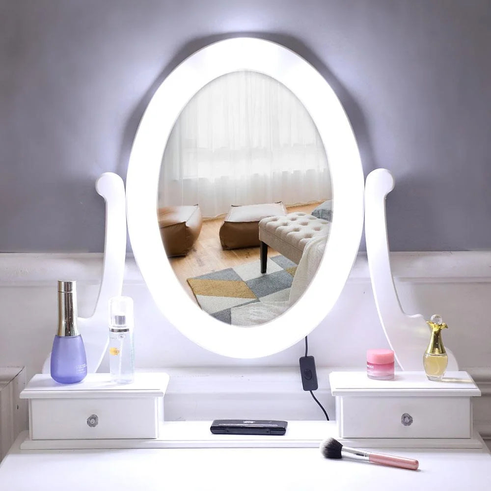 White Vanity Table Set with 5 Drawers and Cushioned Stool Z26186