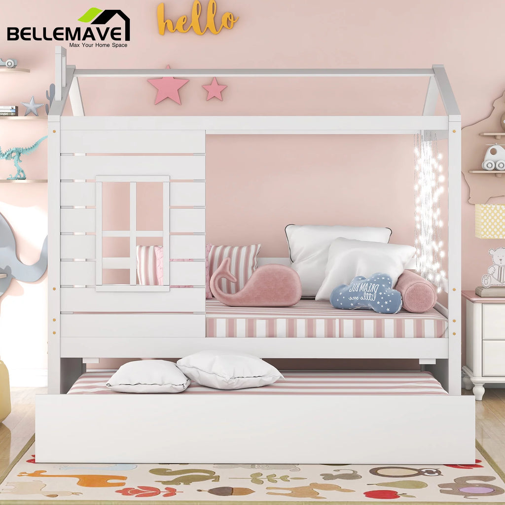 White Wood Twin Size House-Shaped Platform Bed with Trundle Q12251