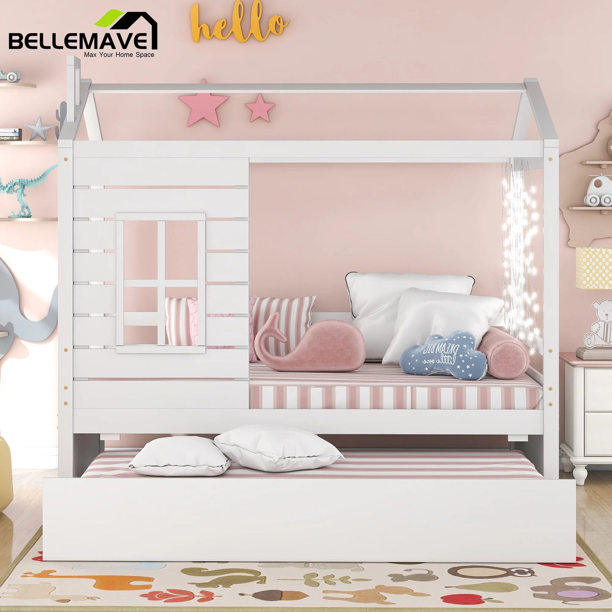 White Wood Twin Size House-Shaped Platform Bed with Trundle Q12251
