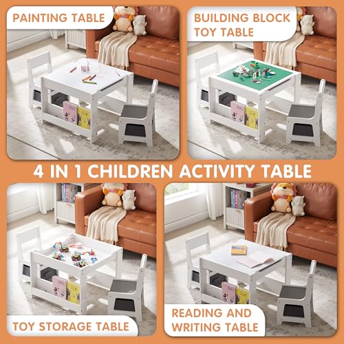 White Grey Kids Table and 2 Chair Set with Storage Drawer W56249