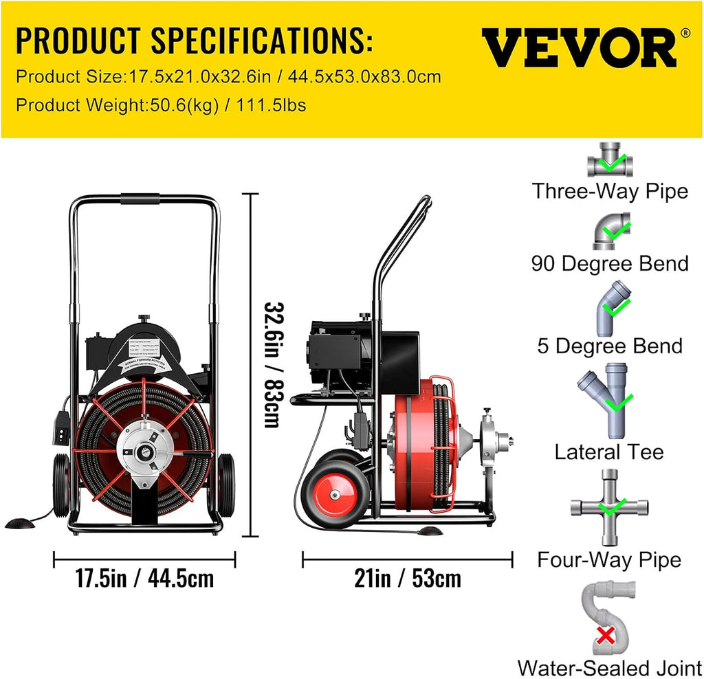100 Ft x 1/2Inch Red Drain Cleaner Machine Z1626