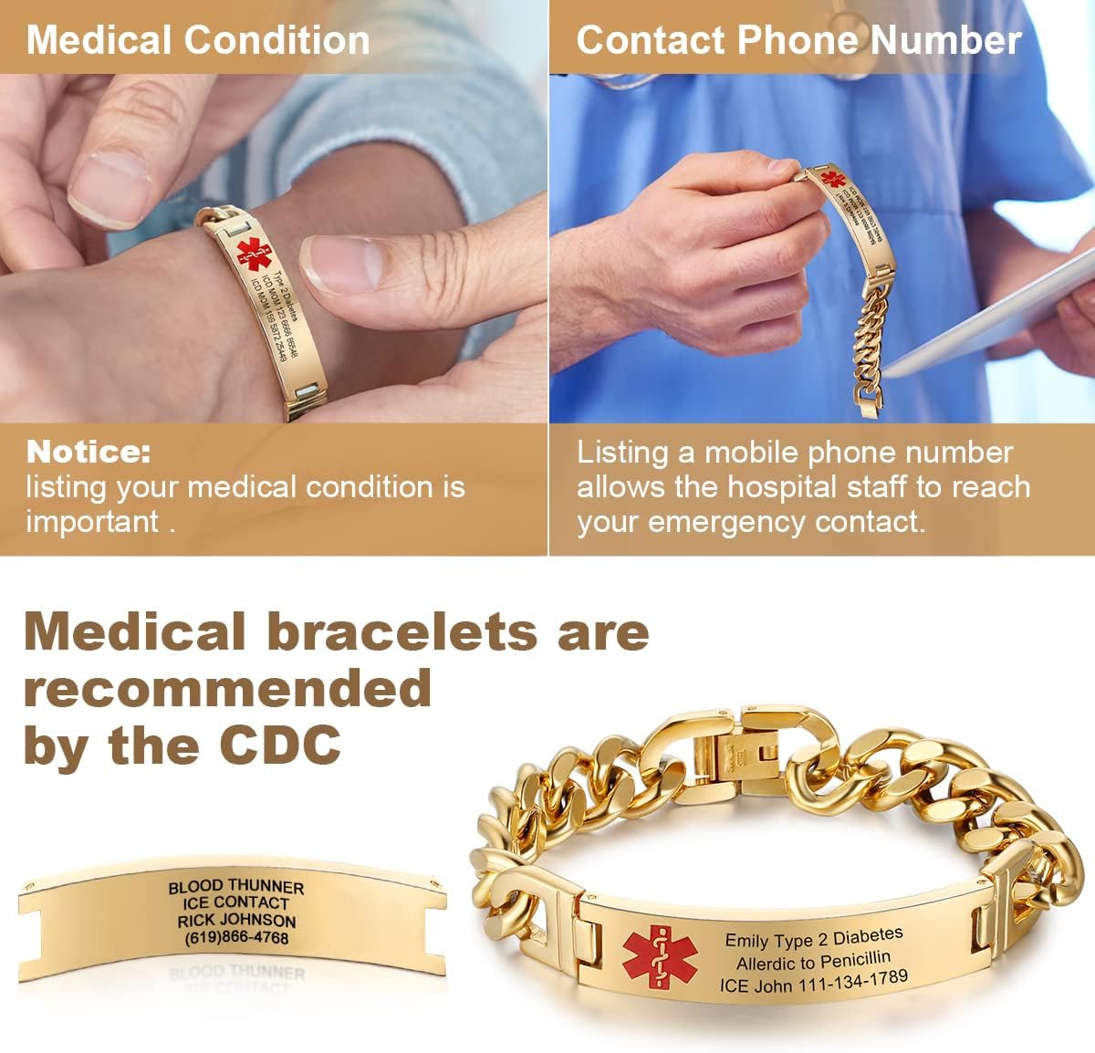 Stainless Steel Medical ID Bracelets for 8.5 Inches U500