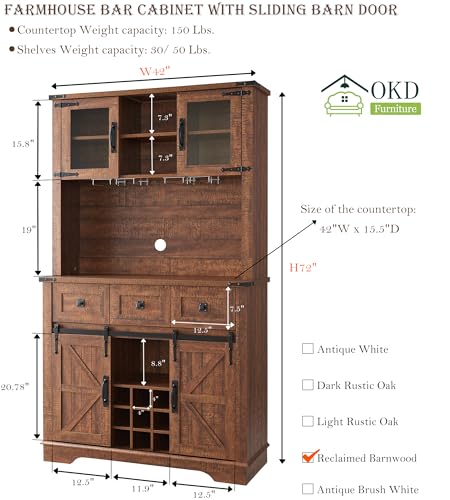 Antique Brush White Farmhouse Bar Cabinet with Sliding Barn Door H7610