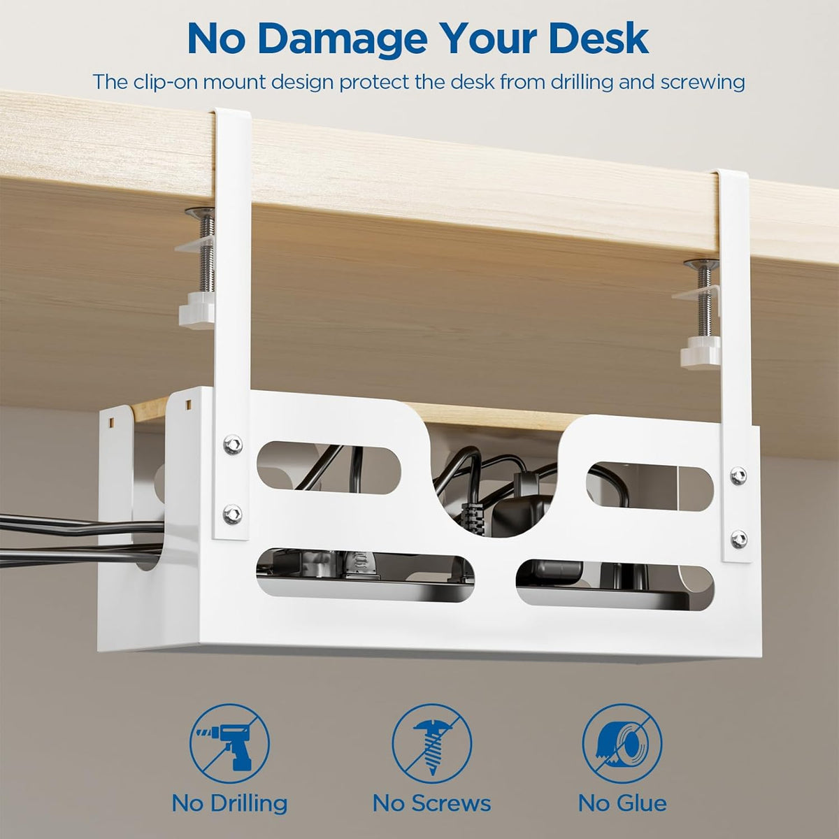 White Desk Cable Management Box with Lid and Adjustable Clamps D723