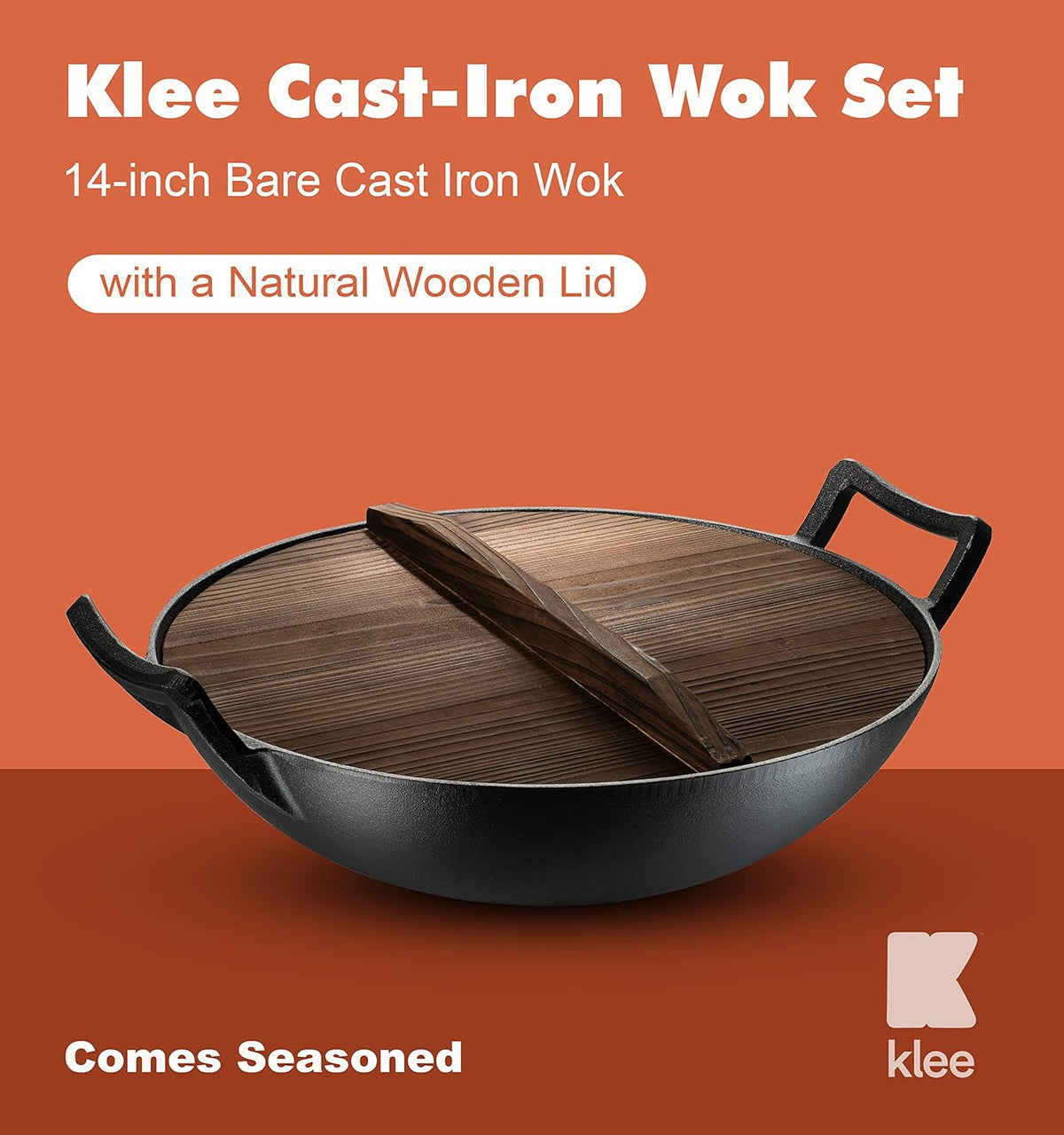 Pre-Seasoned Cast Iron Wok Pan with Lid and Handles, 14 Inch Flat Base Non-Stick, Pack of 2 Z195