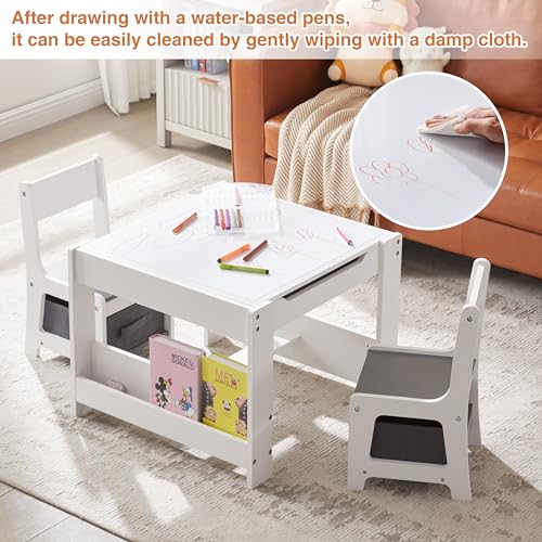 White Grey Kids Table and 2 Chair Set with Storage Drawer W56249
