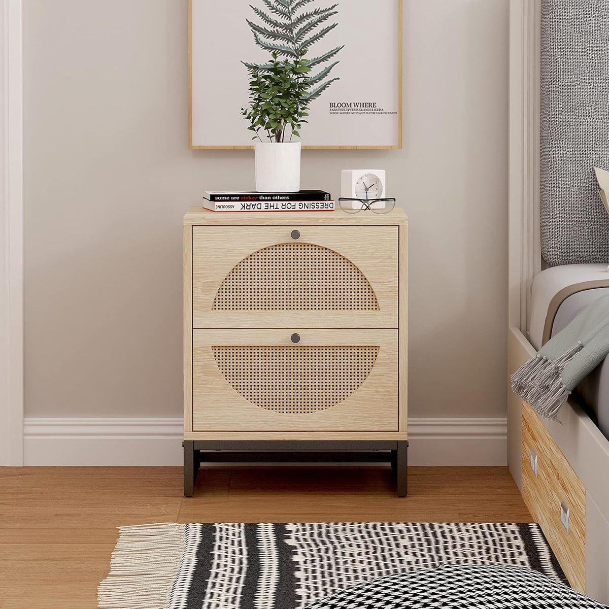 2 Drawer Rattan Wood Nightstand V420444