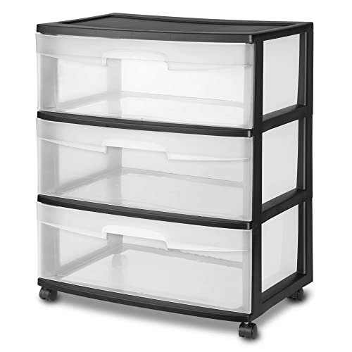 Plastic Storage Drawer Cart with 3 Large Clear Drawers and Wheels, Black U32432