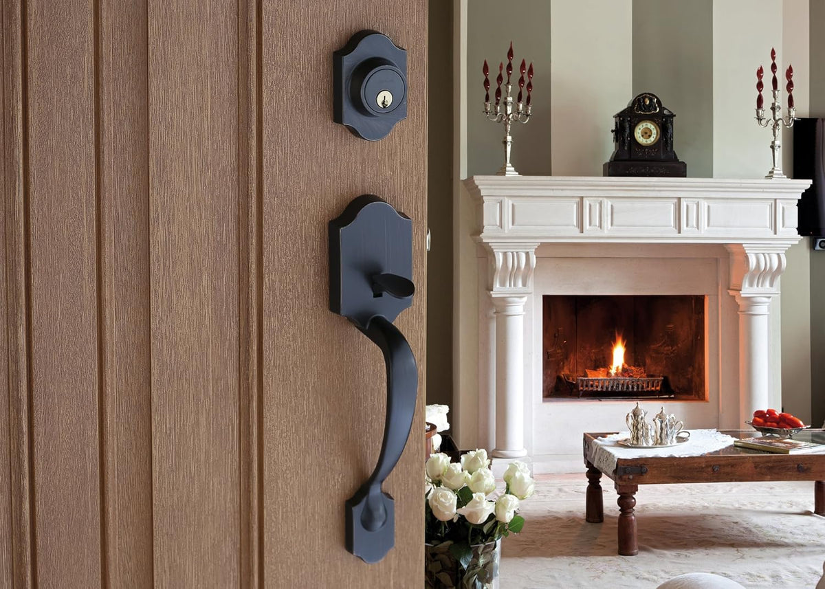 Soft Contemporary Front Door Handle Lever Trim, Tuscan Bronze B445183