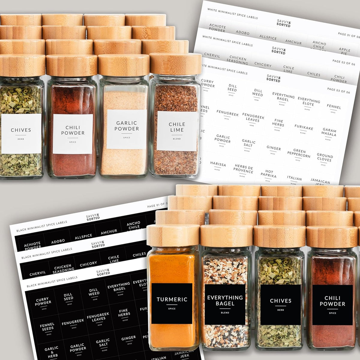 24 Glass Spice Jars with Bamboo Lids and Labels J2181