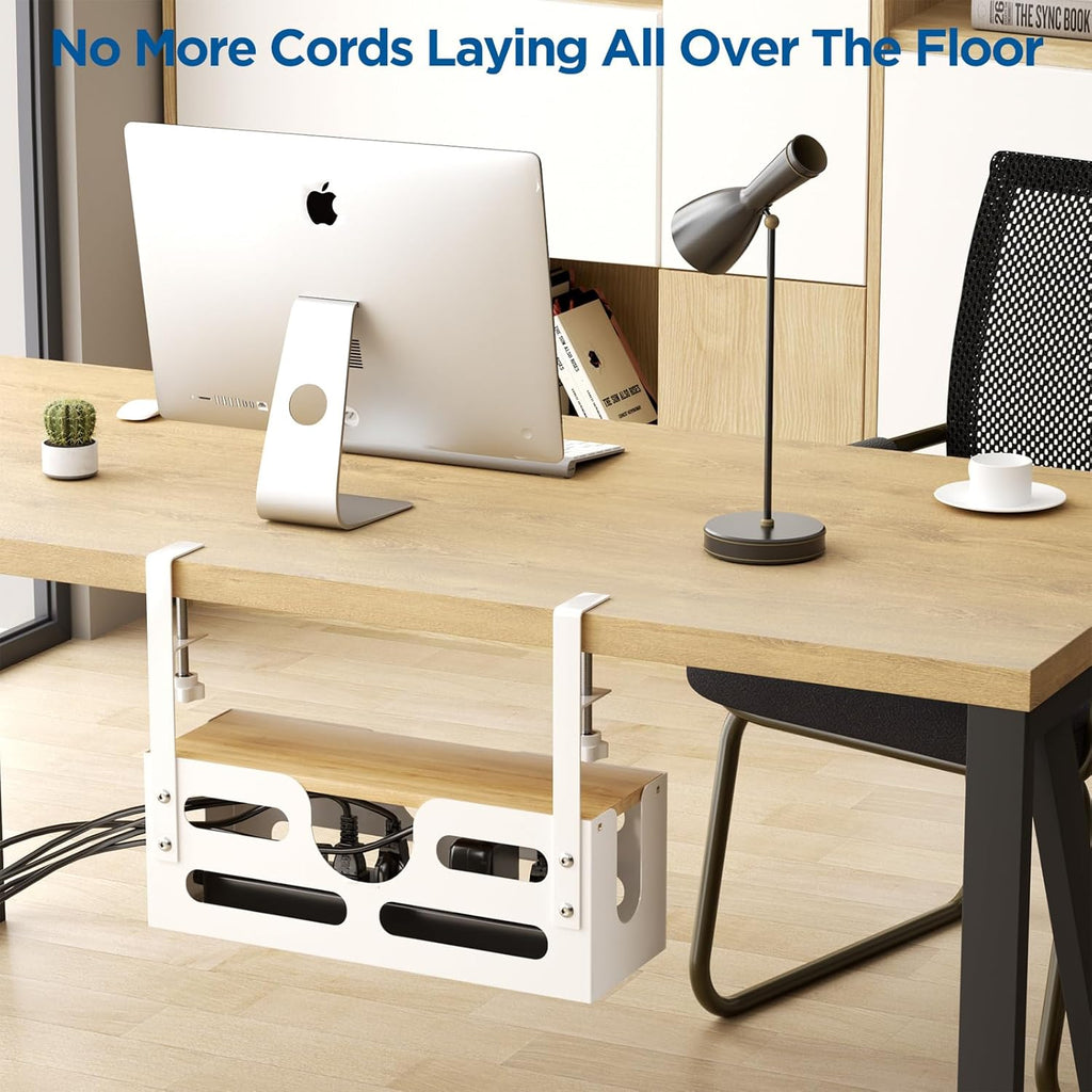 White Desk Cable Management Box with Lid and Adjustable Clamps D723