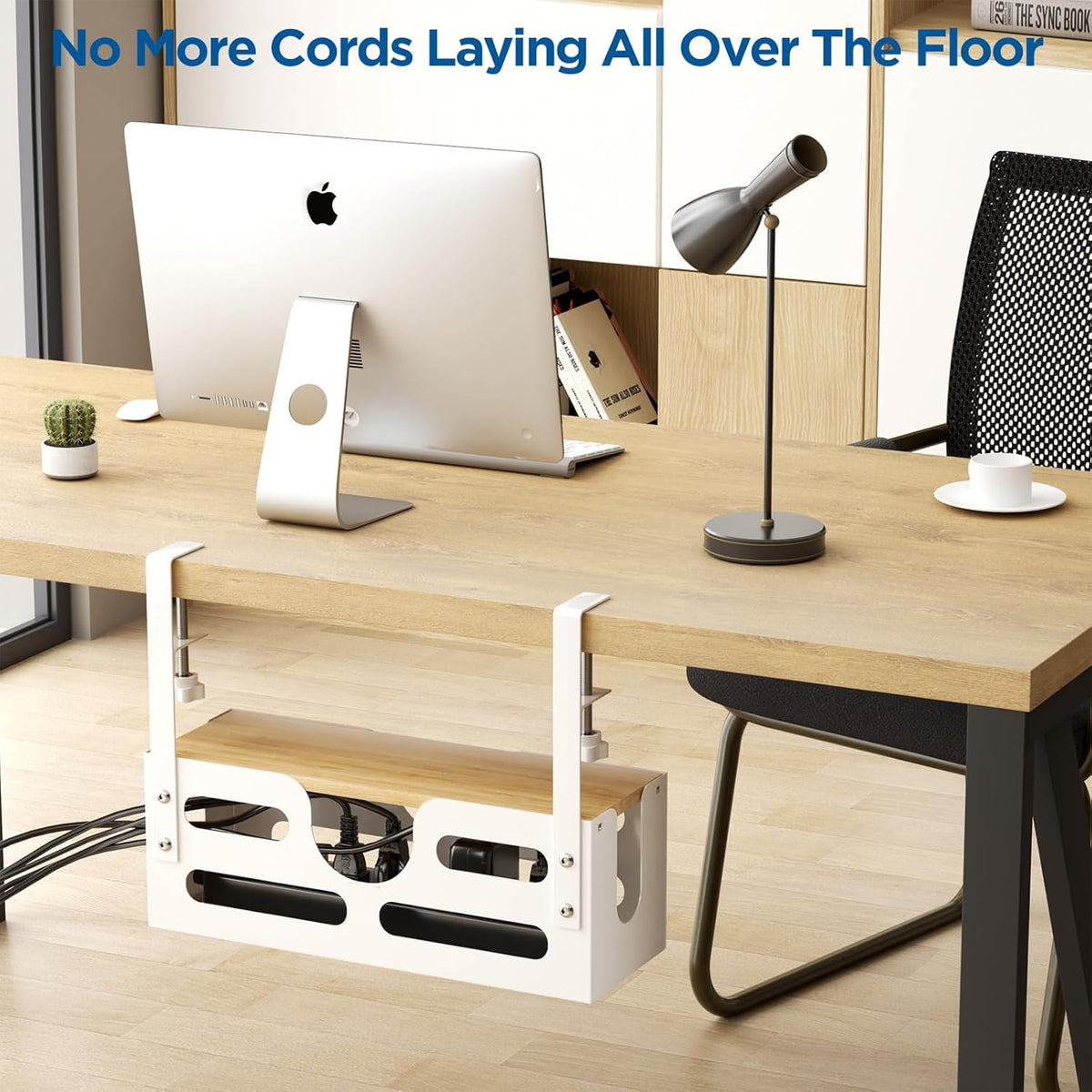 White Desk Cable Management Box with Lid and Adjustable Clamps D723