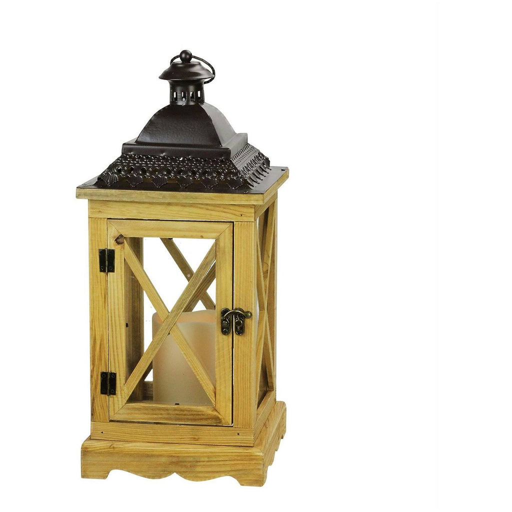 17.5x22 Rustic Wooden Lantern with LED Flameless Pillar Candle H40949