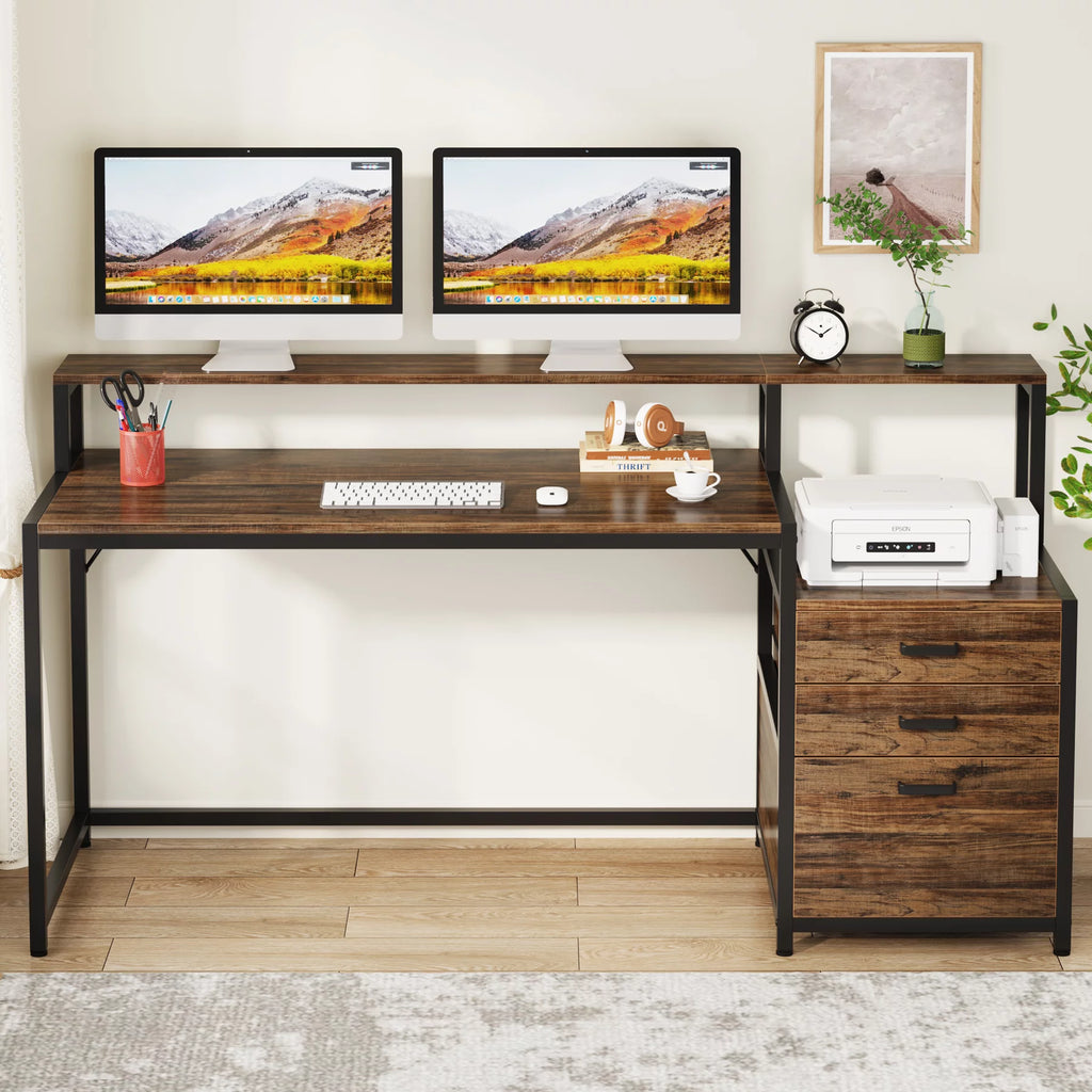 63 Inch Computer Desk with Monitor Stand and Drawers File Cabinet P840790