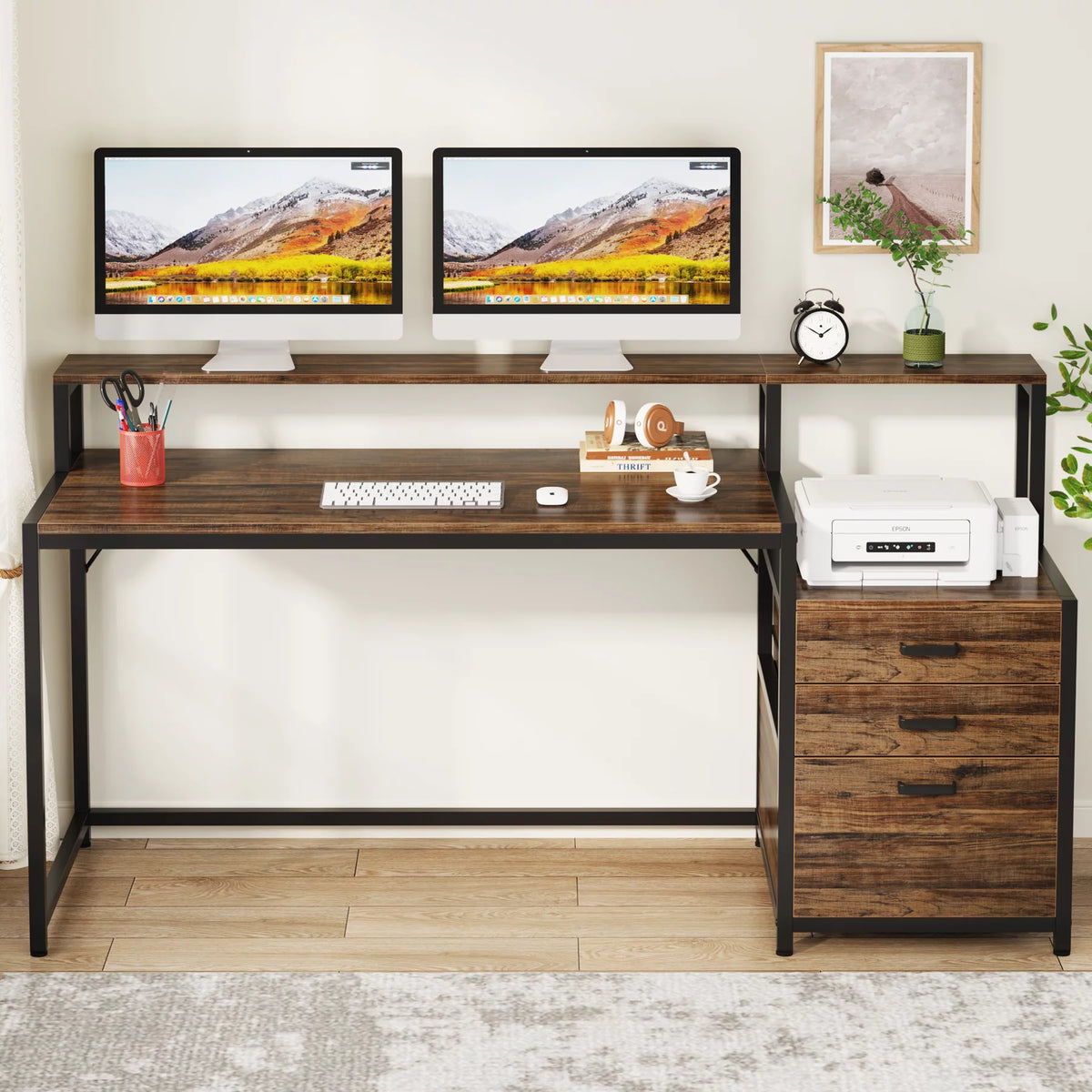 63 Inch Computer Desk with Monitor Stand and Drawers File Cabinet P840790