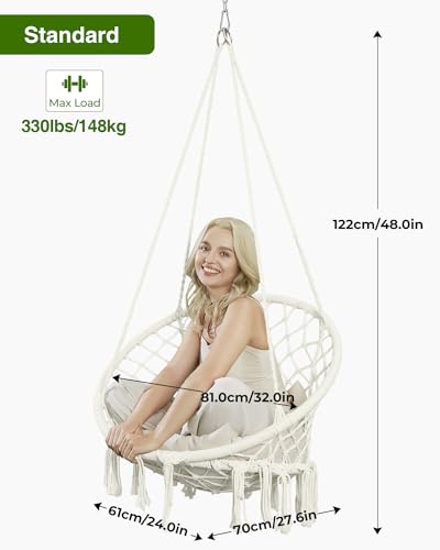 Beige Macrame Hanging Hammock Chair with Cushion M557