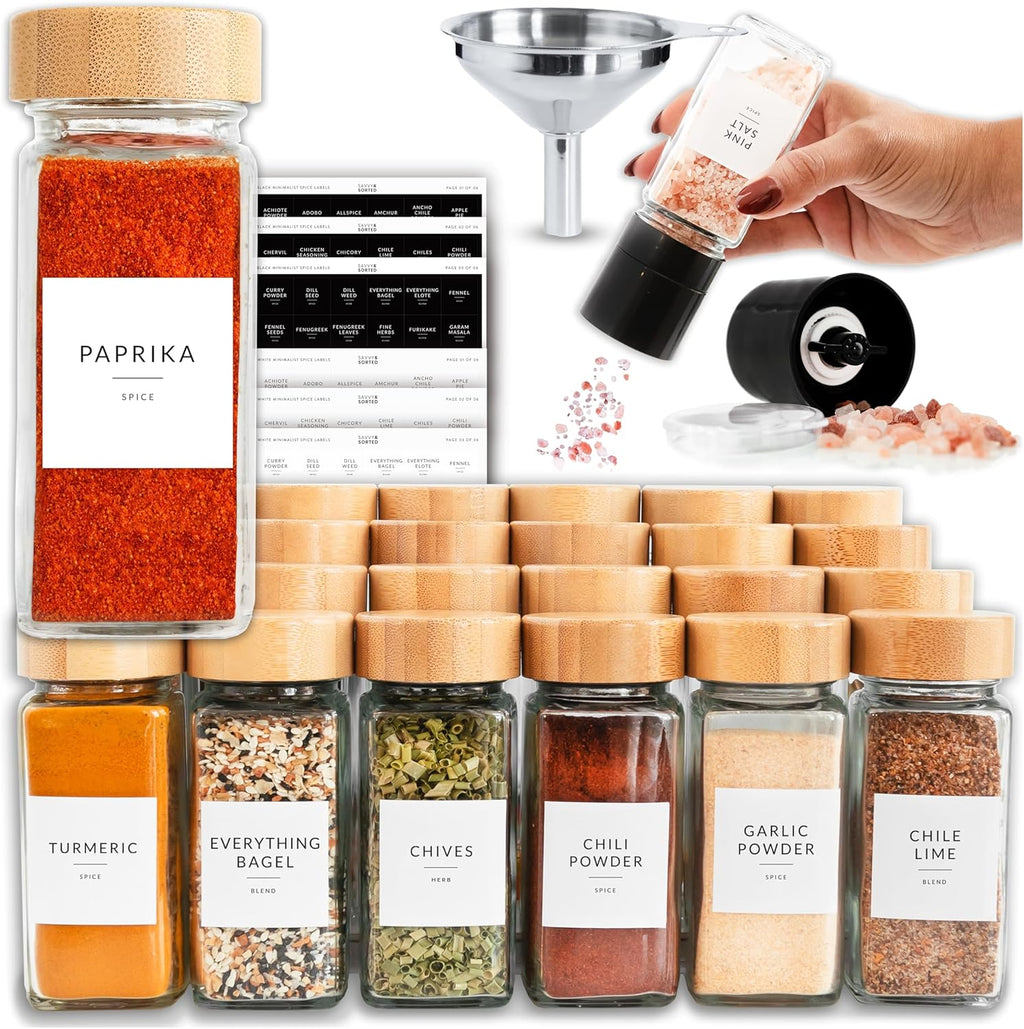 24 Glass Spice Jars with Bamboo Lids and Labels J2181