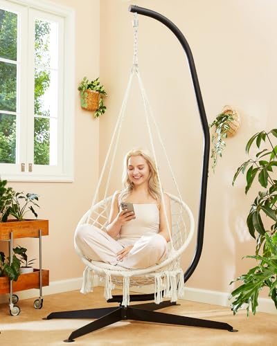 Beige Macrame Hanging Hammock Chair with Cushion M557
