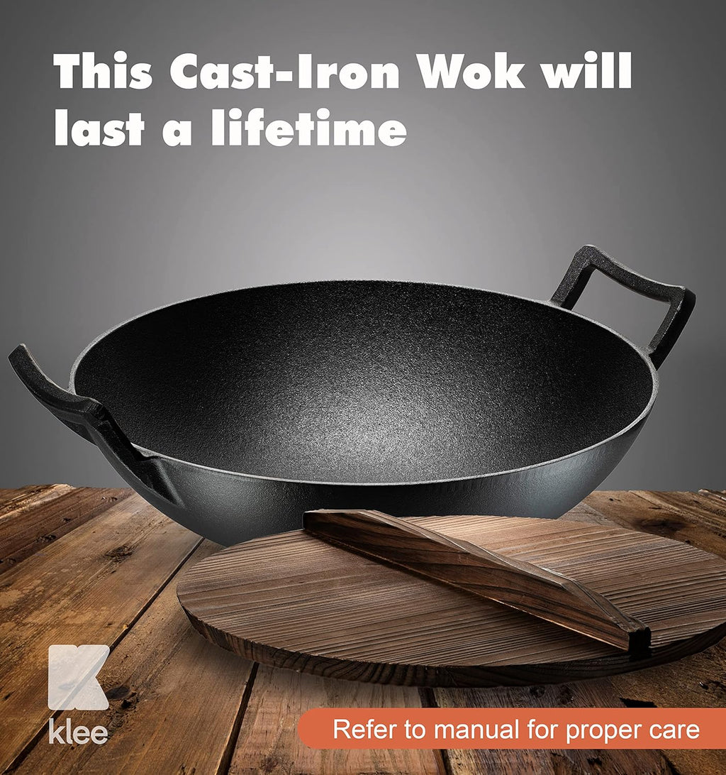 Pre-Seasoned Cast Iron Wok Pan with Lid and Handles, 14 Inch Flat Base Non-Stick, Pack of 2 Z195
