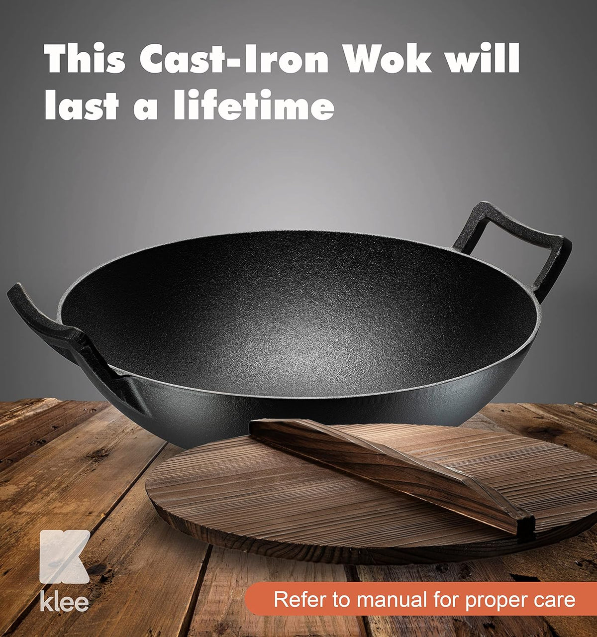 Pre-Seasoned Cast Iron Wok Pan with Lid and Handles, 14 Inch Flat Base Non-Stick, Pack of 2 Z195