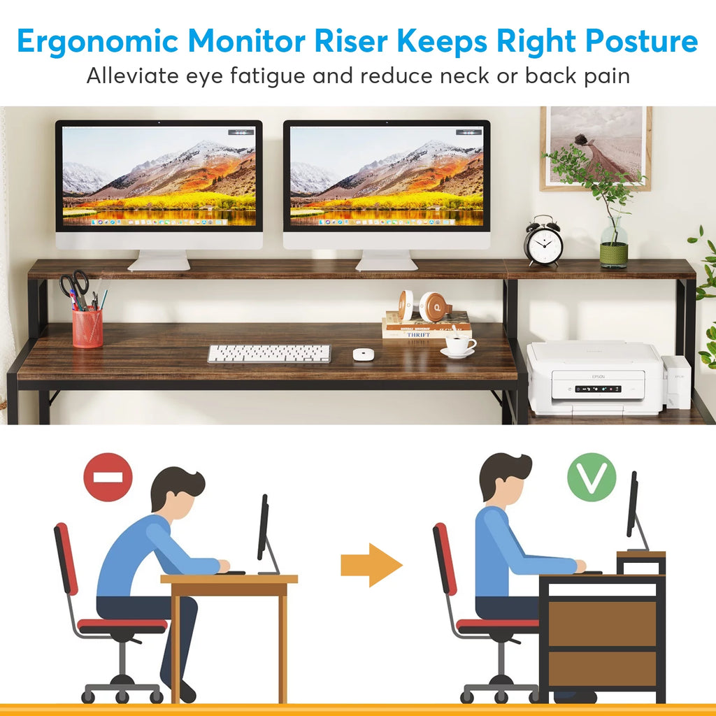 63 Inch Computer Desk with Monitor Stand and Drawers File Cabinet P840790