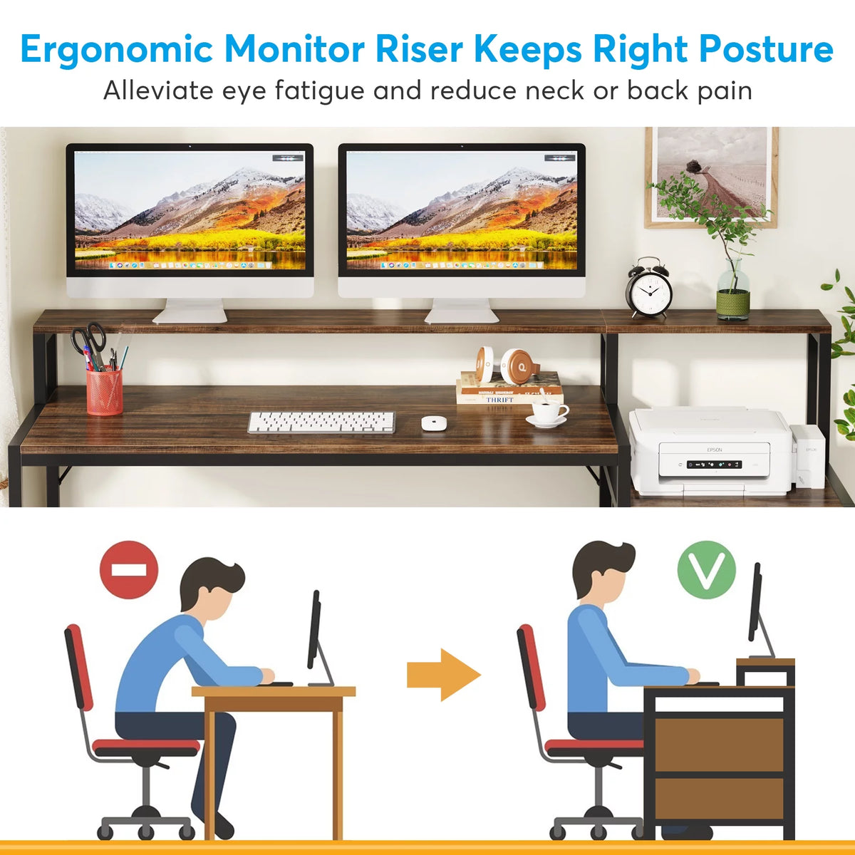 63 Inch Computer Desk with Monitor Stand and Drawers File Cabinet P840790