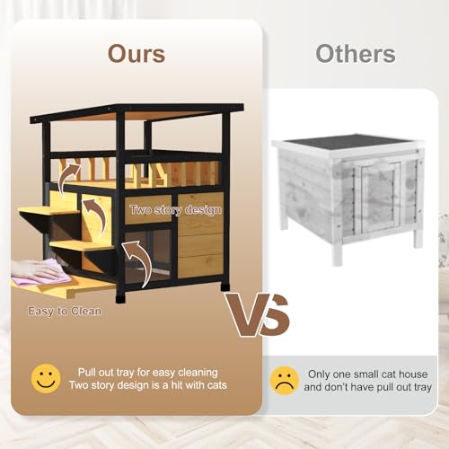Outdoor Cat House Weatherproof Two Story Feral Cat Shelter with Escape Door Wood Dog Condo for Small Medium Pets Pull-Out Bottom Scratching Mat Included Black and Earthy Yellow Z984