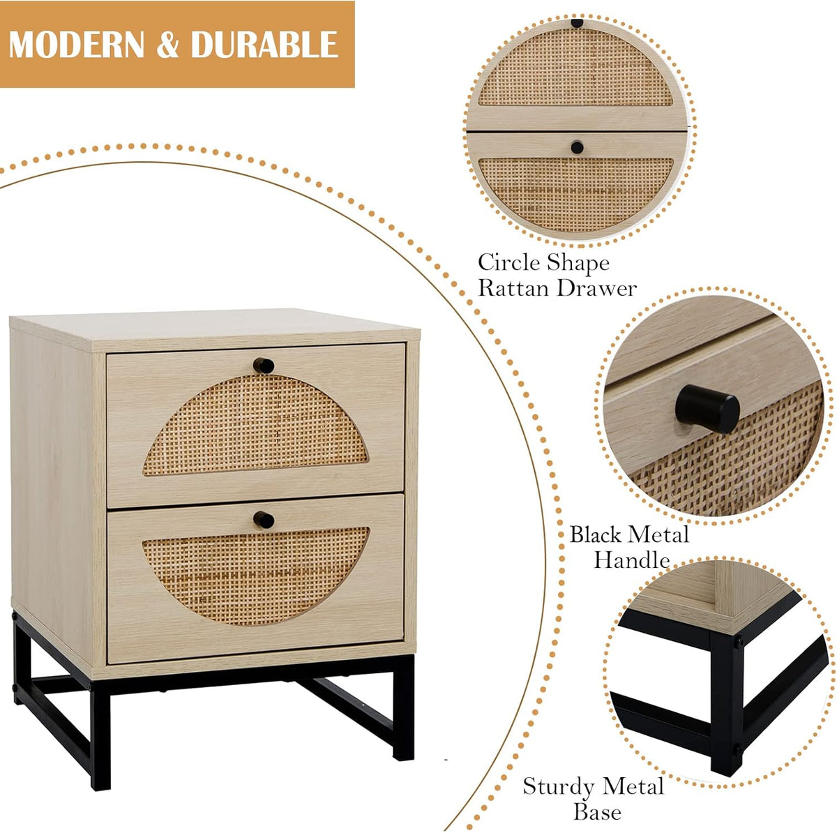 2 Drawer Rattan Wood Nightstand V420444