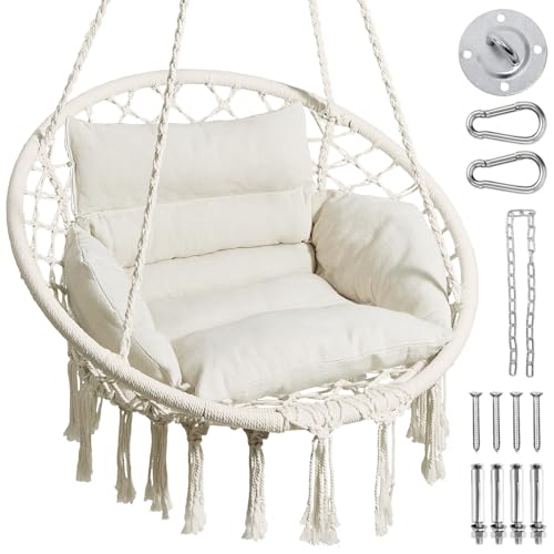 Beige Macrame Hanging Hammock Chair with Cushion M557