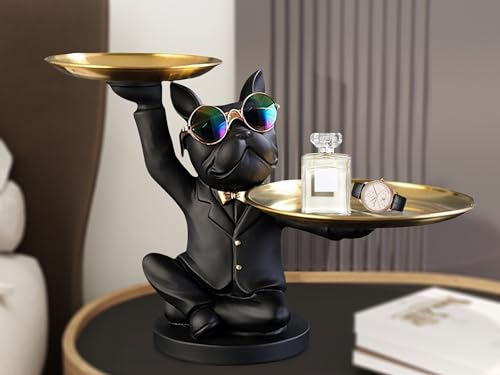 Resin French Bulldog Sculpture with 2 Metal Trays F7617