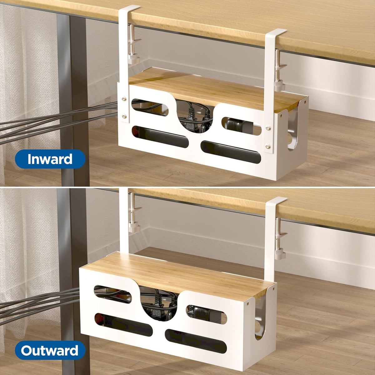 White Desk Cable Management Box with Lid and Adjustable Clamps D723