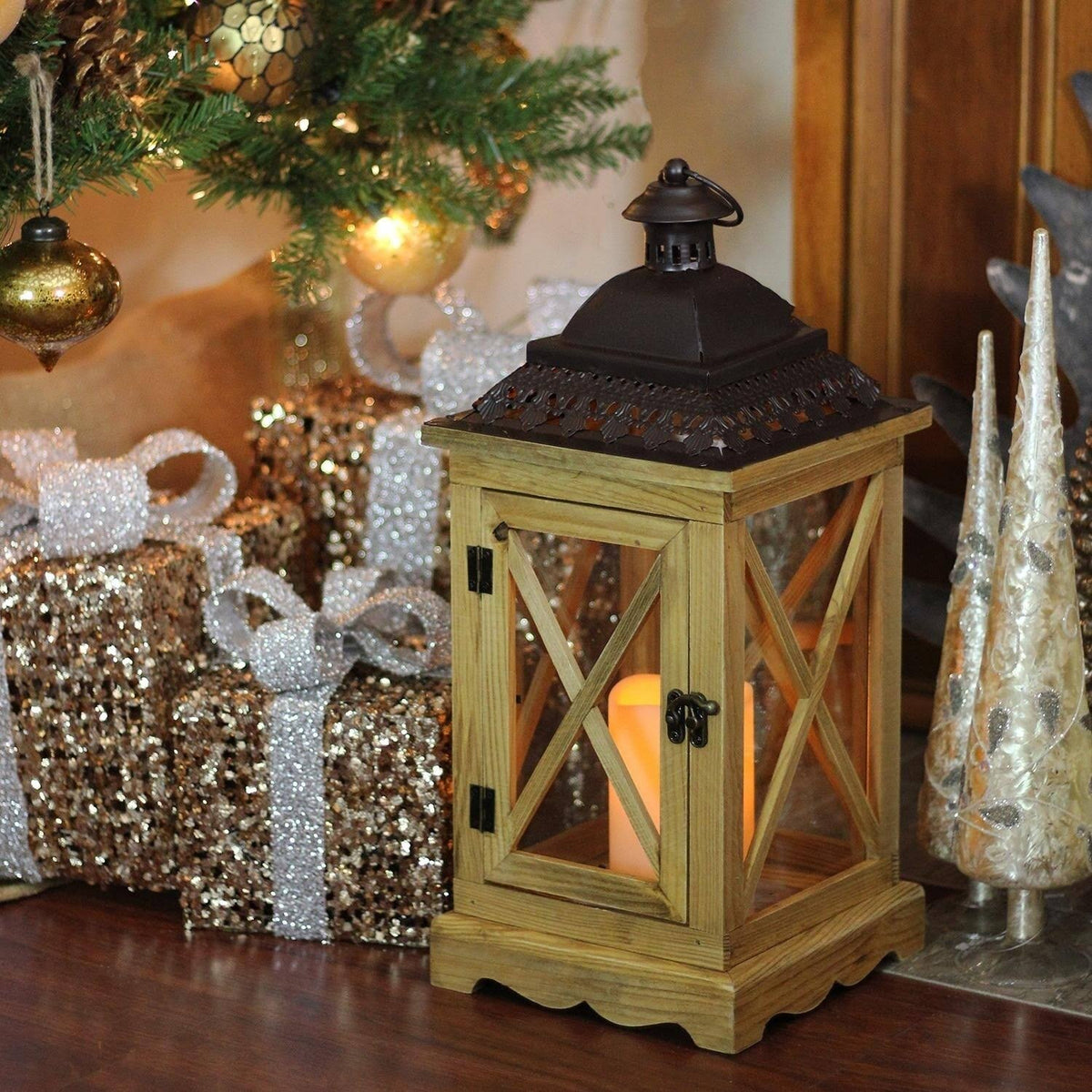 17.5x22 Rustic Wooden Lantern with LED Flameless Pillar Candle H40949
