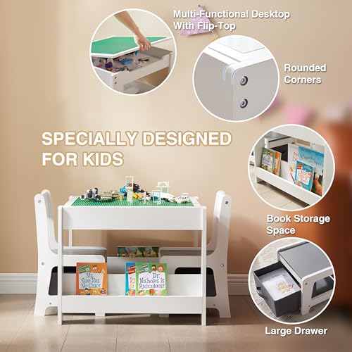 White Grey Kids Table and 2 Chair Set with Storage Drawer W56249