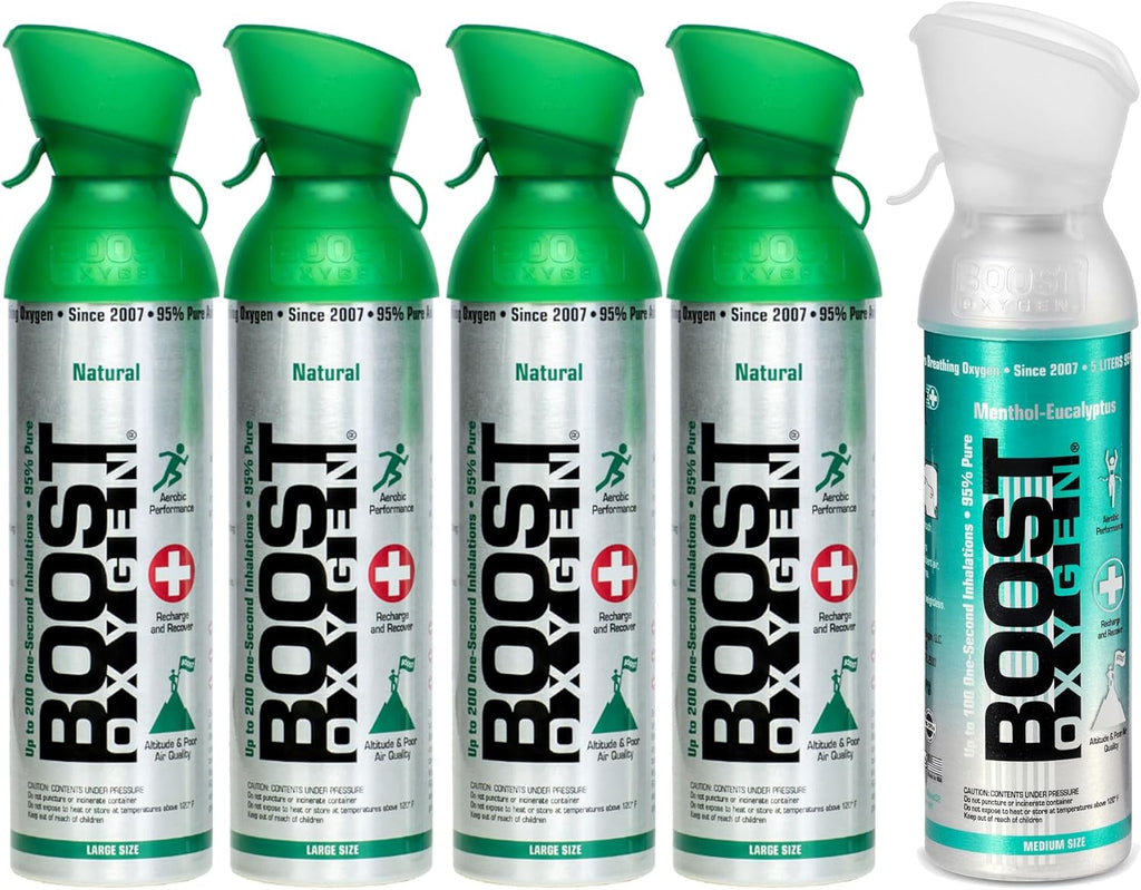 10 Liter All Natural Flavored (4 Pack) and 5 Liter Eucalyptus Flavored (1 Pack) Supplemental Canned Oxygen Bottle with Mouthpiece H335309