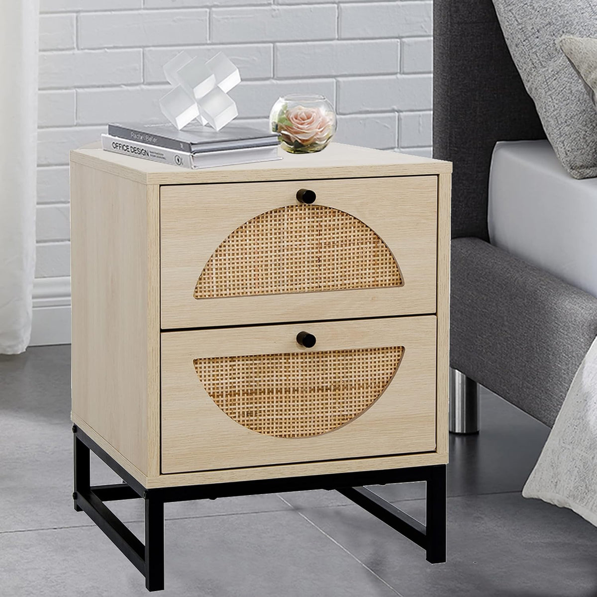 2 Drawer Rattan Wood Nightstand V420444