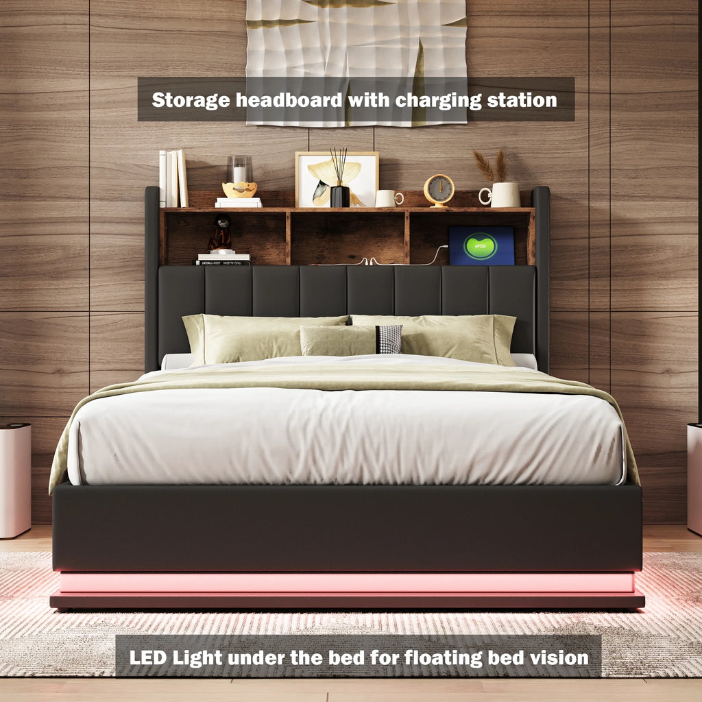 Black Full Size PU Upholstered Platform Bed with Storage Headboard M6937