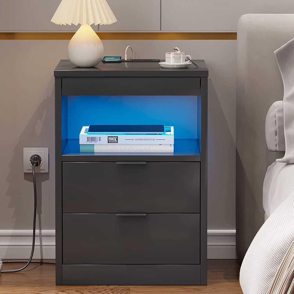Black Nightstand Set of 2 with Wireless Charging Station and 2 Drawers Y874896