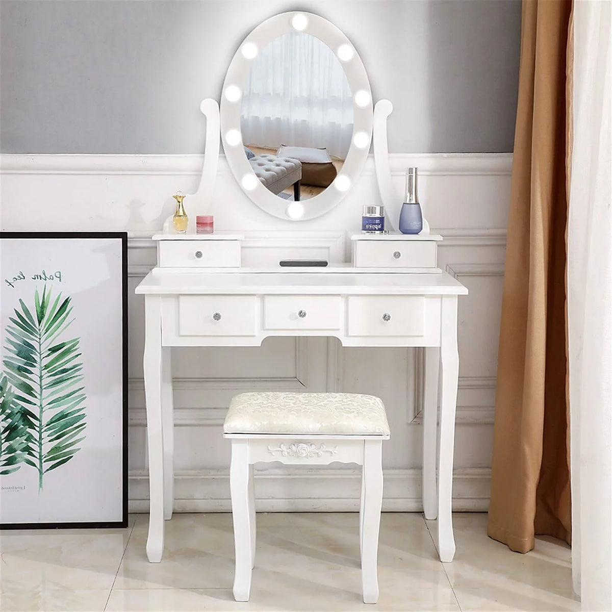 White Vanity Table Set with 5 Drawers and Cushioned Stool Z26186