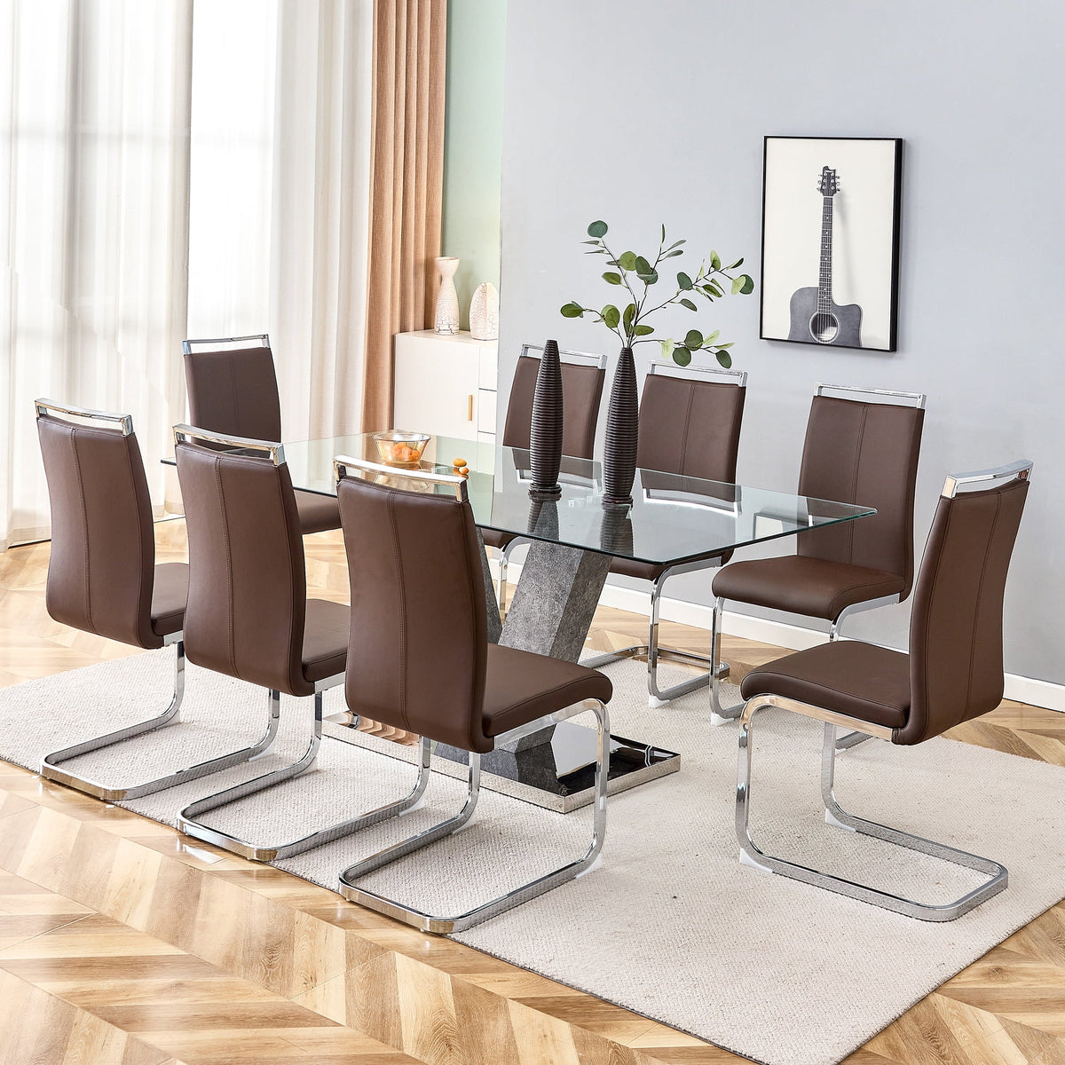 Modern Minimalist Rectangular Glass Dining Table for 6-8 F584612