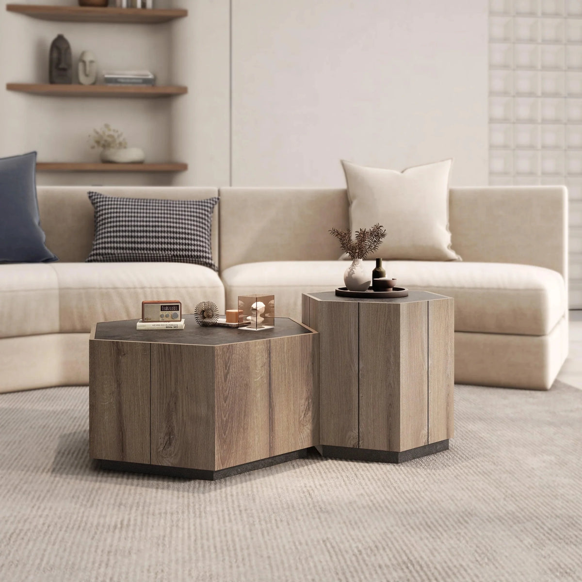 Hexagonal Coffee Table with 2 Drawers, Textured Black Warm Oak R952257