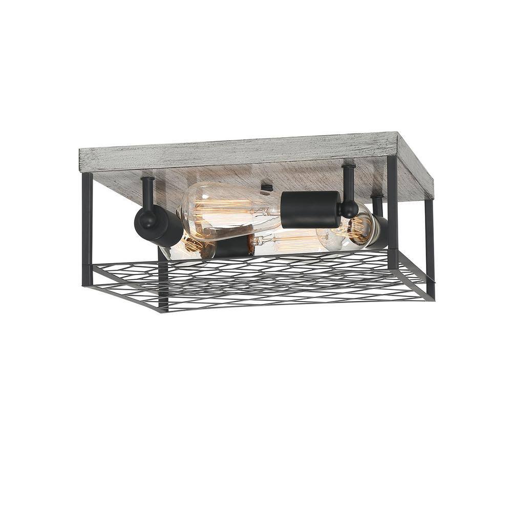4-Light Faux Wood Black Metal Cage Flush Mount P3203
