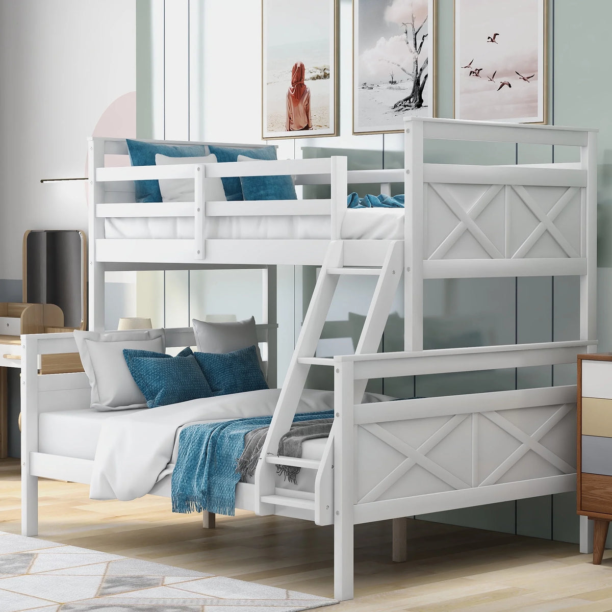 White Wood Twin over Full Bunk Bed with Trundle O546