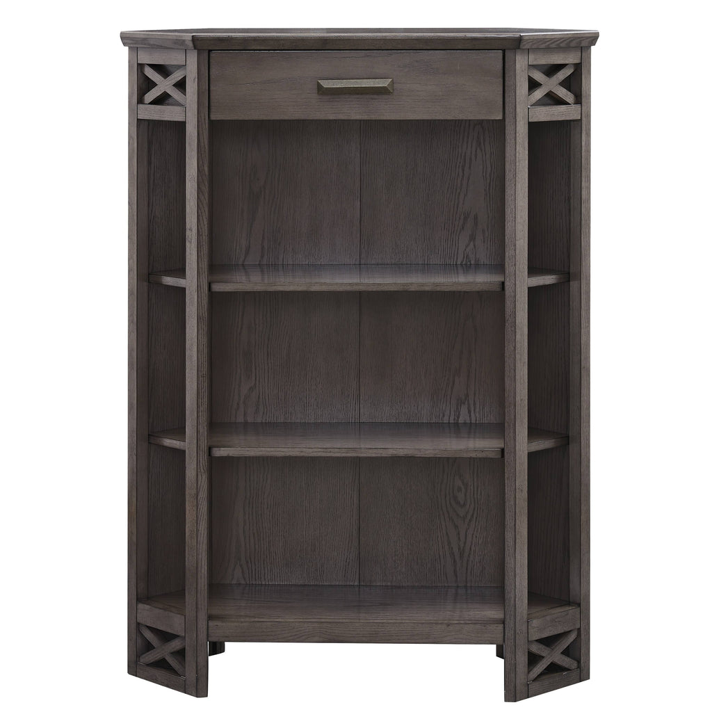 Weathered White 3-Shelf Corner Bookcase with Drawer Storage T239756
