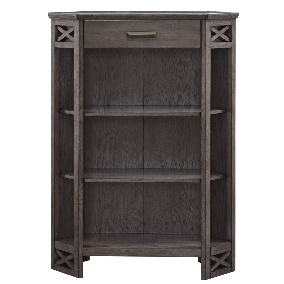 Weathered White 3-Shelf Corner Bookcase with Drawer Storage T239756