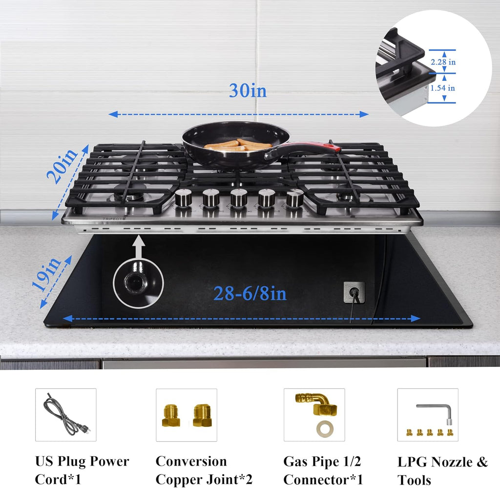 30 Inch Stainless Steel Gas Cooktop with 5 Sealed Burners X4743