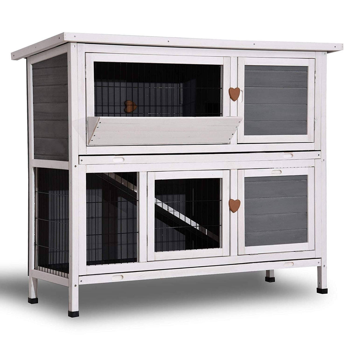 Grey 2 Story Wooden Rabbit Hutch with Ladder T788502