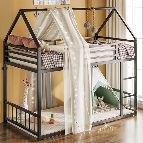 Twin Over Twin Bunk Bed with Ladder and Guardrail Black U403447